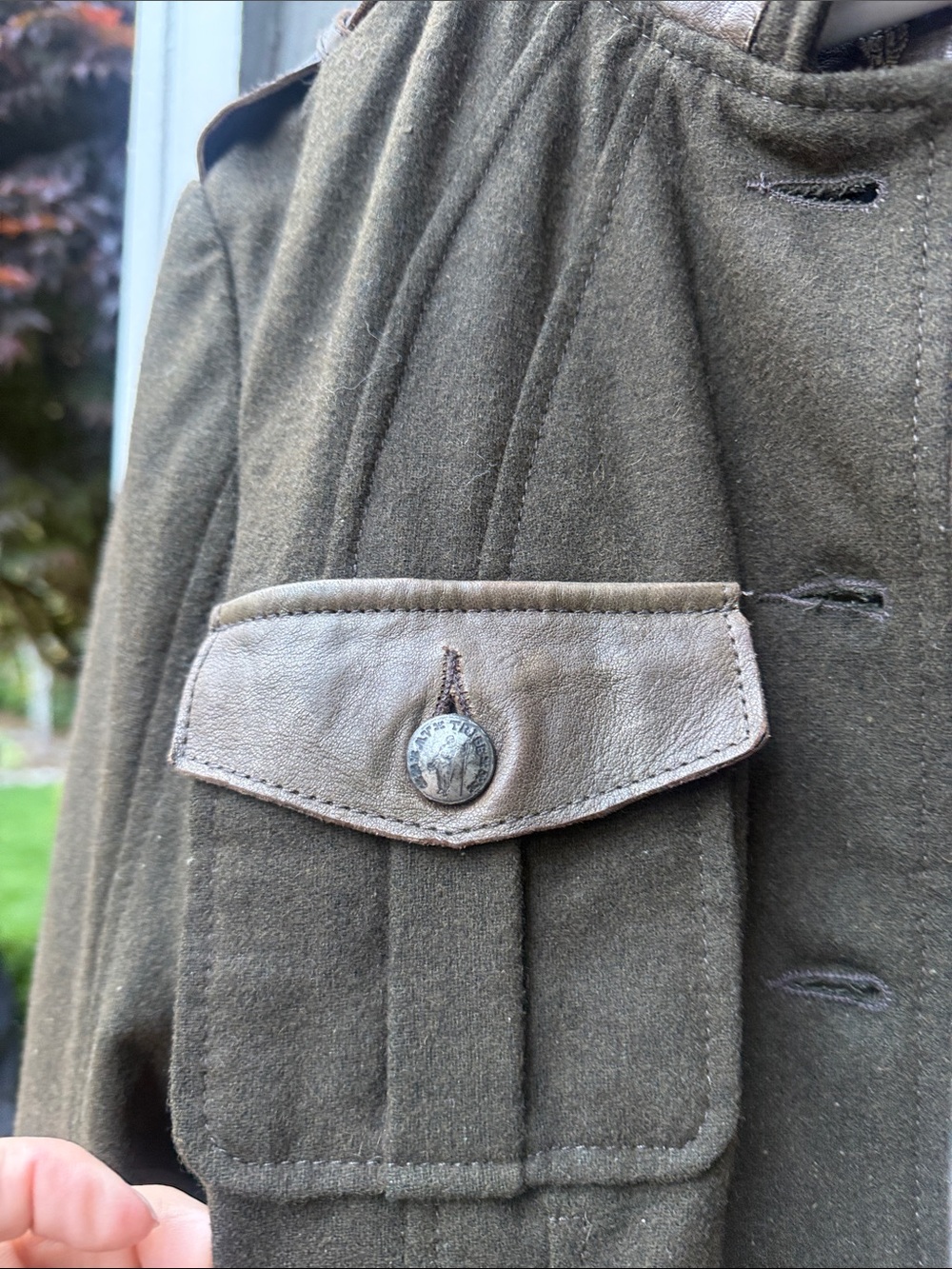 Military-Style Olive Green Button wool and leather Jacket by My Tribe size Large - Picture 4 of 15